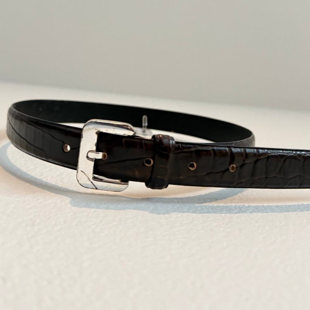 Vintage Ann Taylor Dark Brown Croc Embossed Leather Belt Silver Metal Buckle S